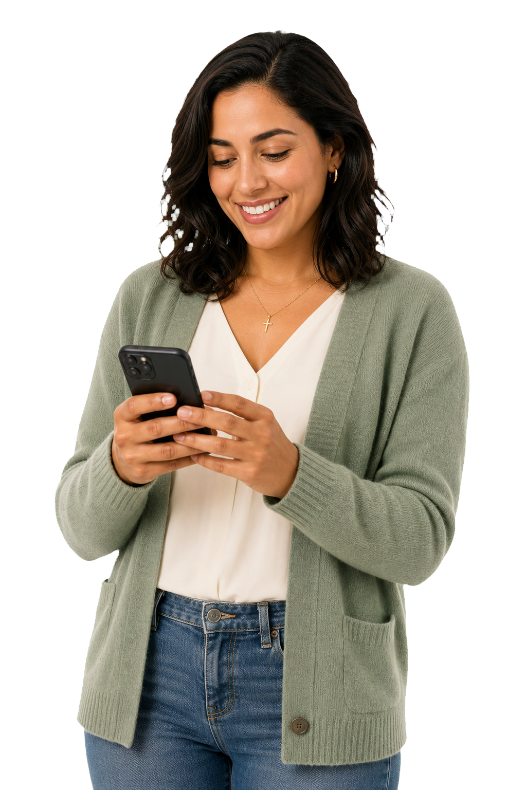A smiling BeliefTrack user checking beliefs on a phone